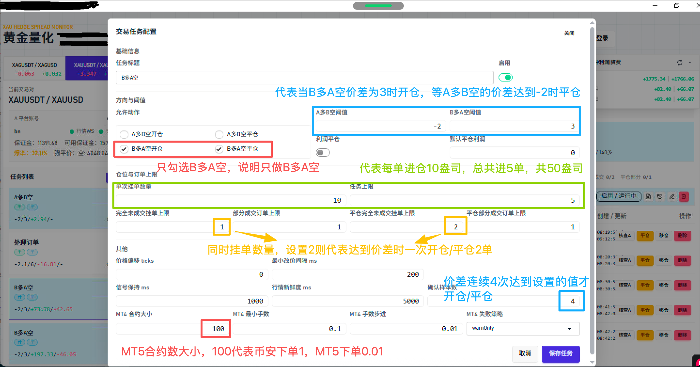 交易任务配置弹窗，展示方向勾选、价差阈值、单次挂单数量、任务上限、确认样本数和 MT5 合约大小